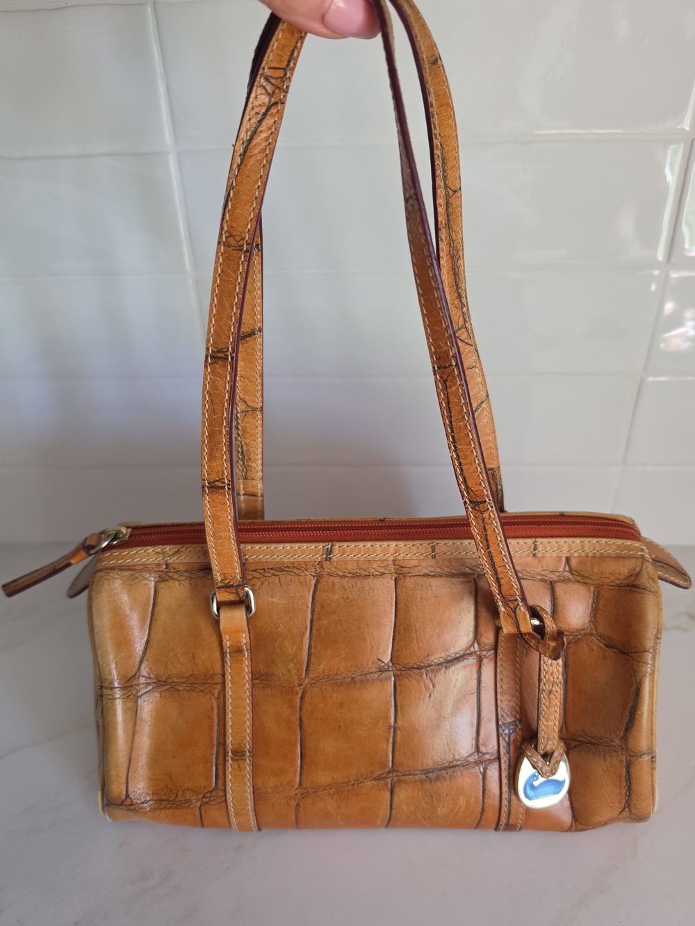 Vintage Dooney & Bourke Nile Collection Croc-Embossed Leather Barrel Bag Tan Y2K
